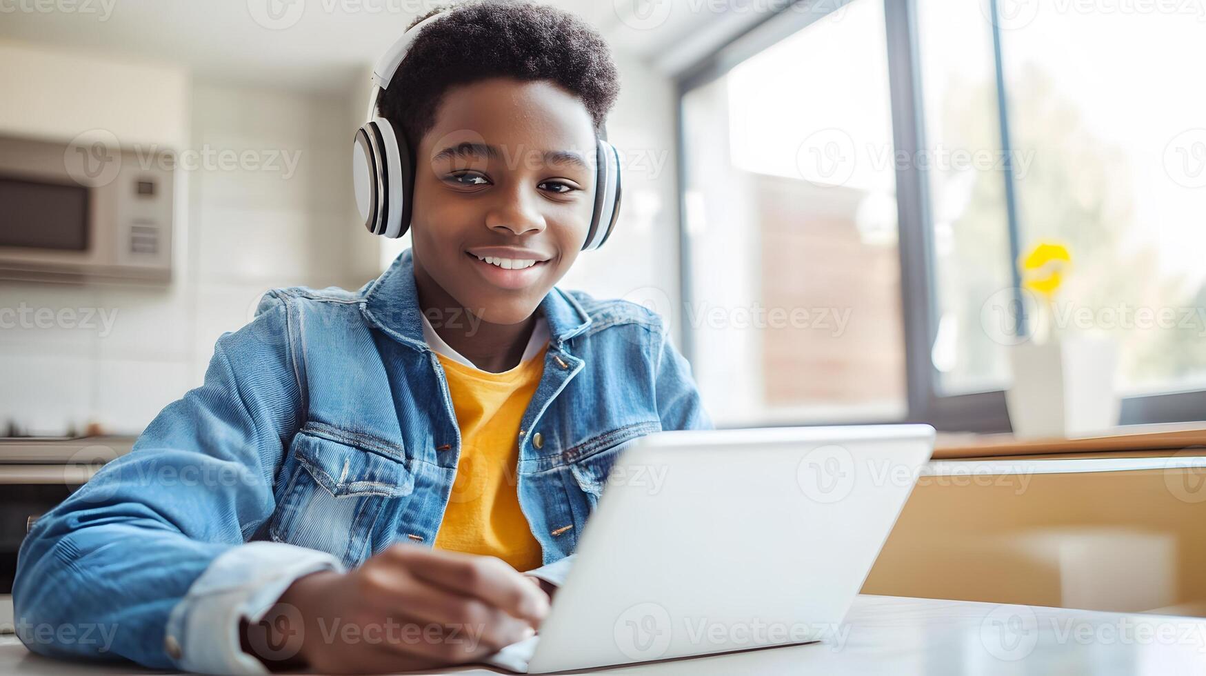 Student taking online course using tablet sitting at kitchen table casual outfit window light photo