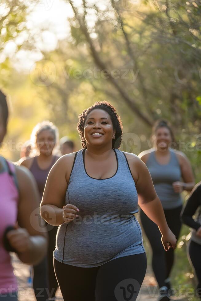 diverse plus size group walking together, fitness walk in nature photo