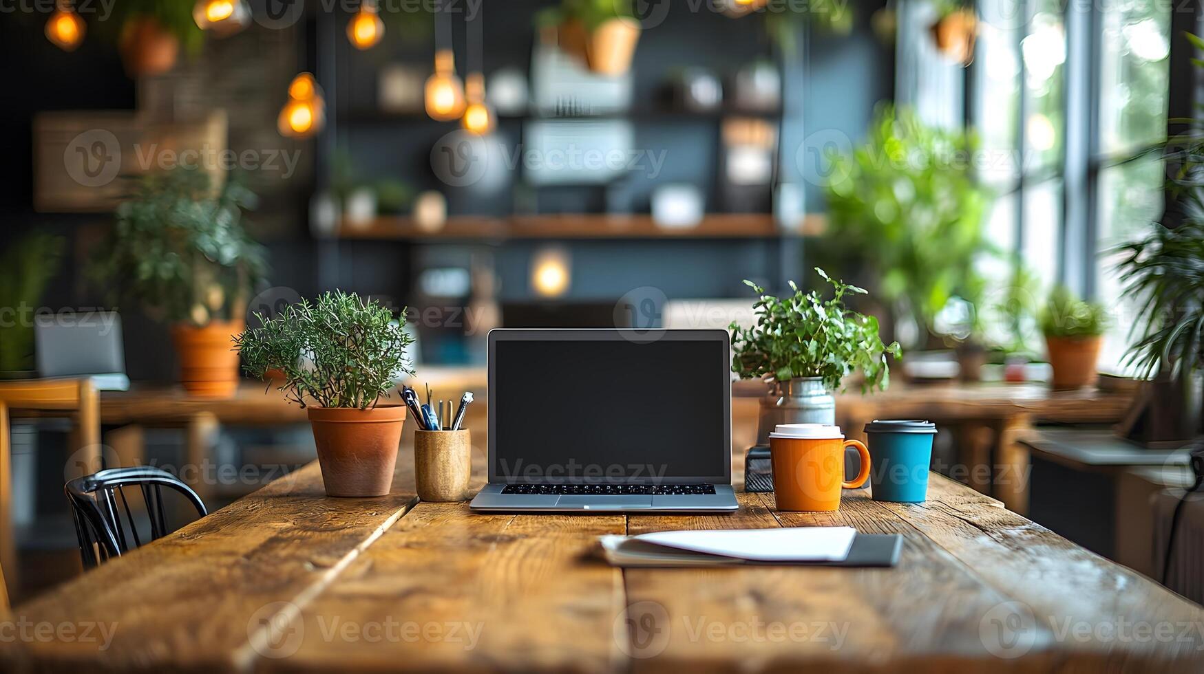 team of entrepreneurs brainstorming at coworking space, laptops and coffee cups on the table, creative startup atmosphere photo