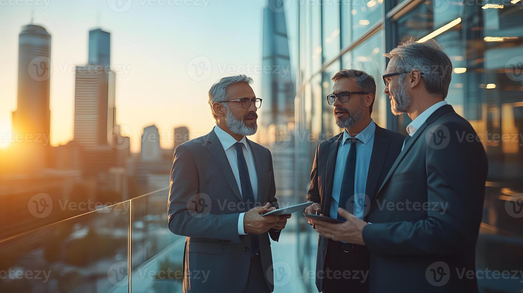 modern business meeting in a glass office executives in suits discussing over a digital tablet, city skyline in background, clean lighting photo