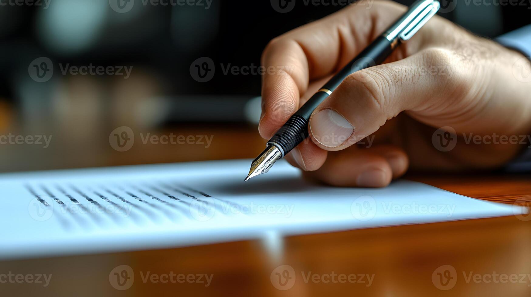 close up of hands exchanging contract during a business deal, wooden table with pen and paper photo