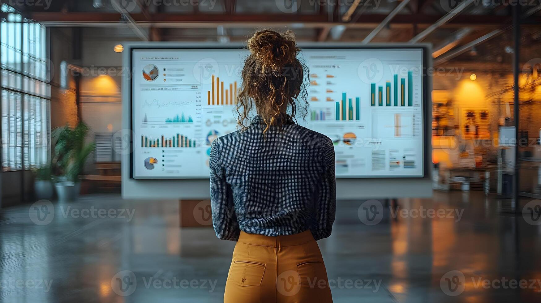professional environment with negotiation in progress, whiteboard and charts visible photo