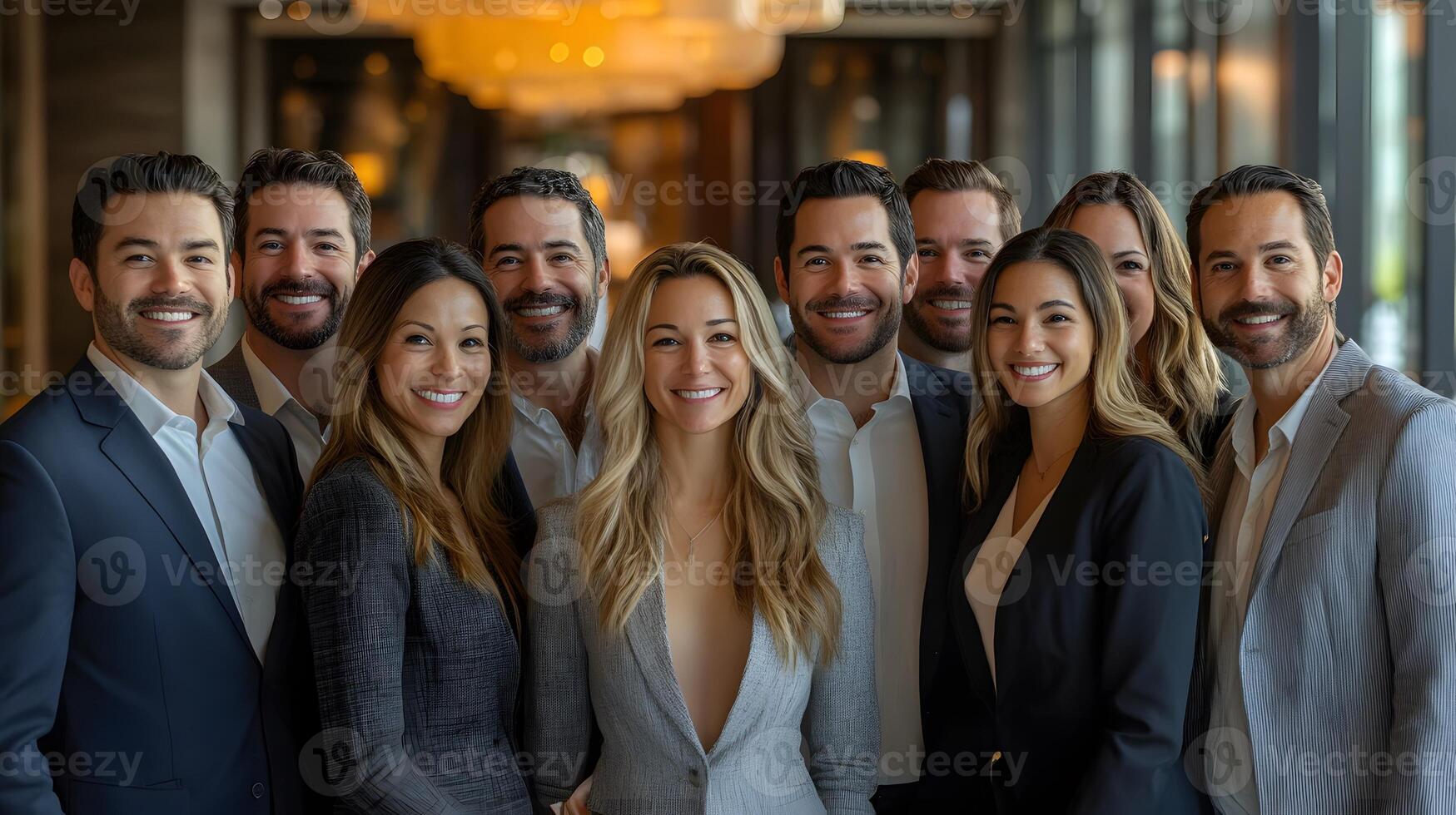 corporate leadership team celebrating success, clapping hands, group photo in modern office lobby.