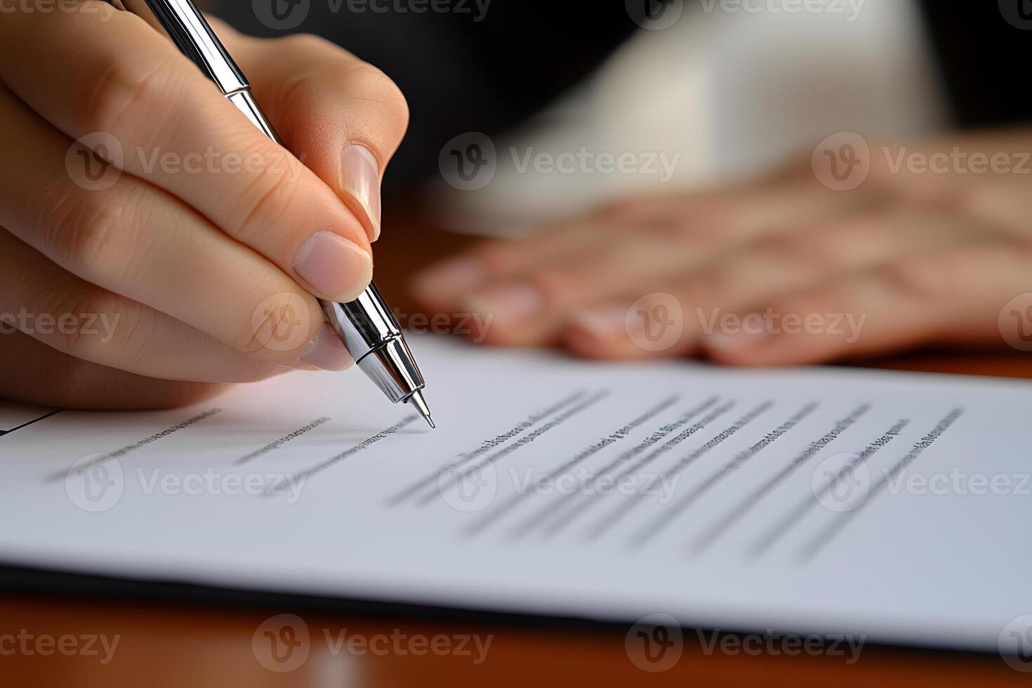 close-up of business contract with two people signing, handshake in background, stock photo style, realistic,
