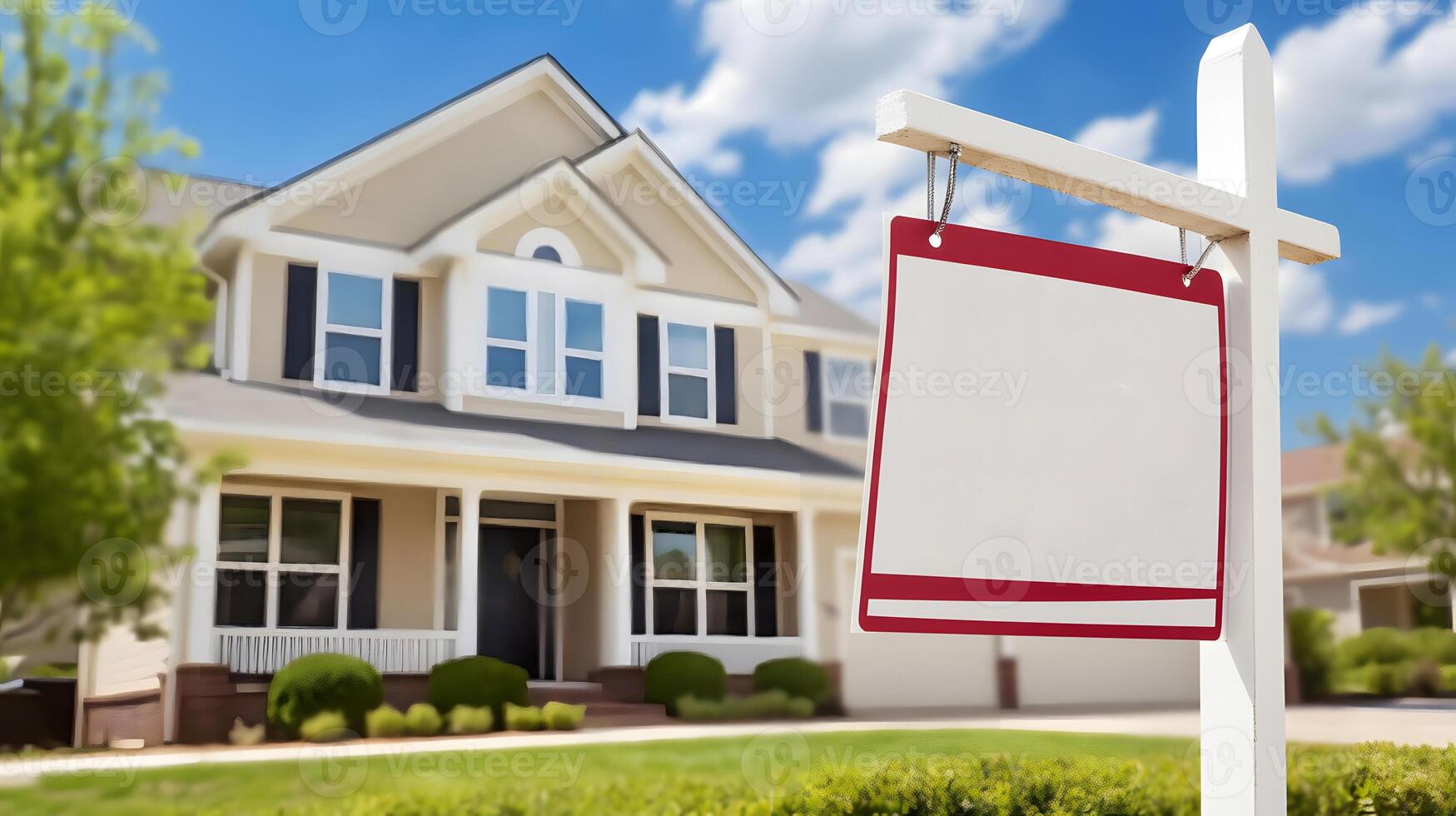 cozy suburban home with a for sale sign in front yard, clear skies, photo