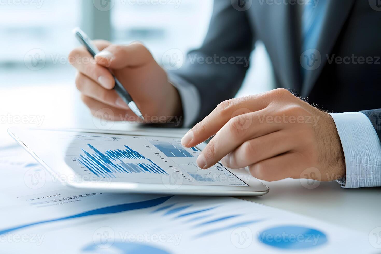 business team reviewing charts on digital tablet, meeting room setting, stock photo style, realistic,