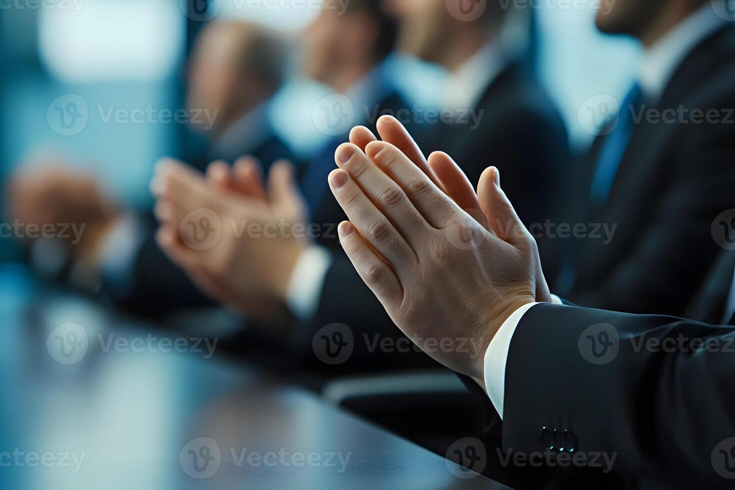 business team clapping in boardroom, successful pitch moment, stock photo style, realistic,