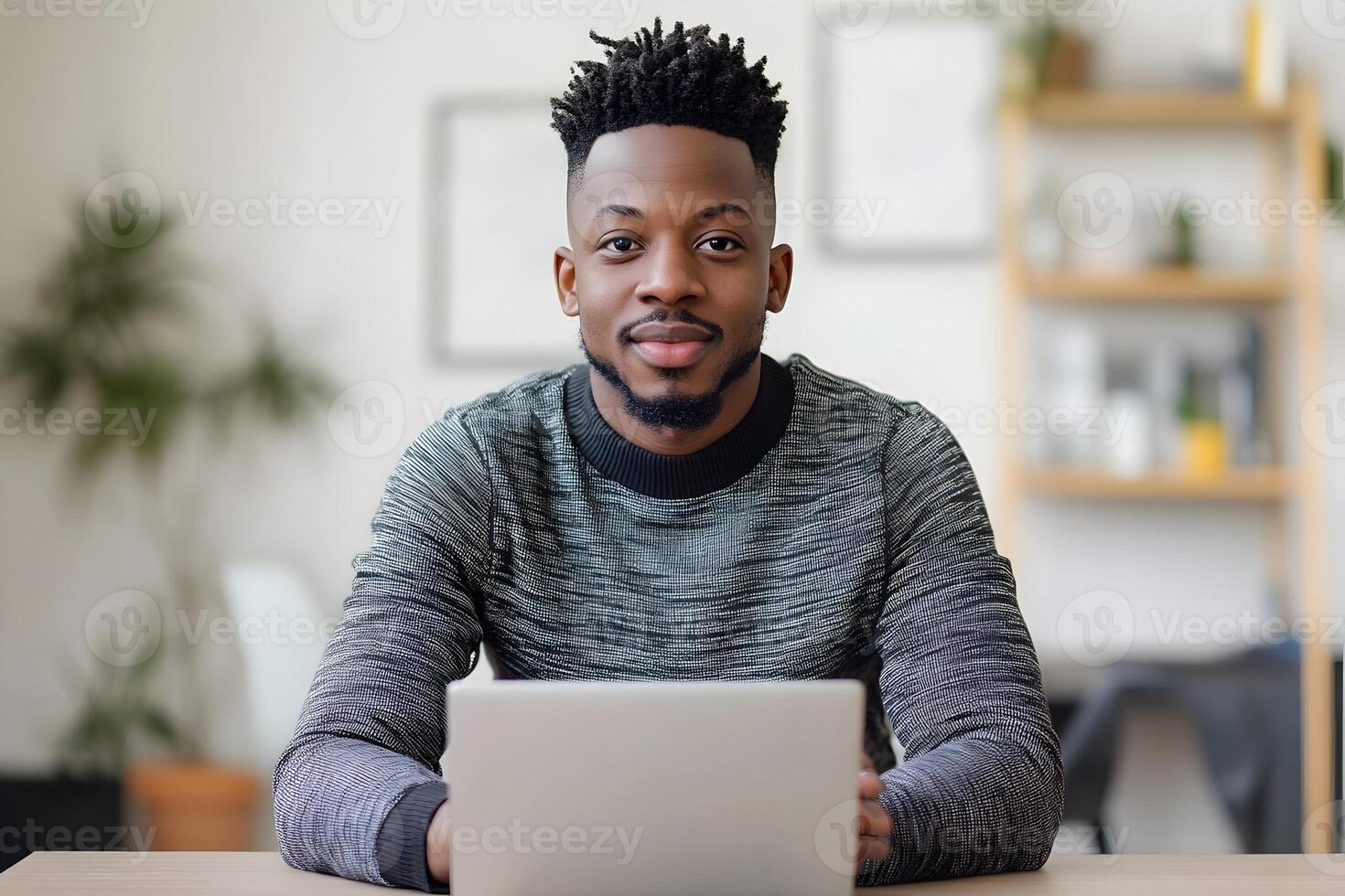 young professional making call from shared workspace, confident expression, stock photo style, realistic,