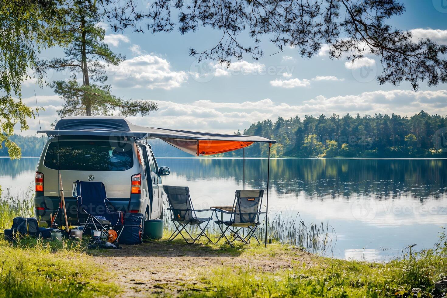 camping by tranquil lakeside with clear reflections, open hatchback van, folding chairs under canopy, fishing gear in view, relaxing mood, stock photo style, realistic,