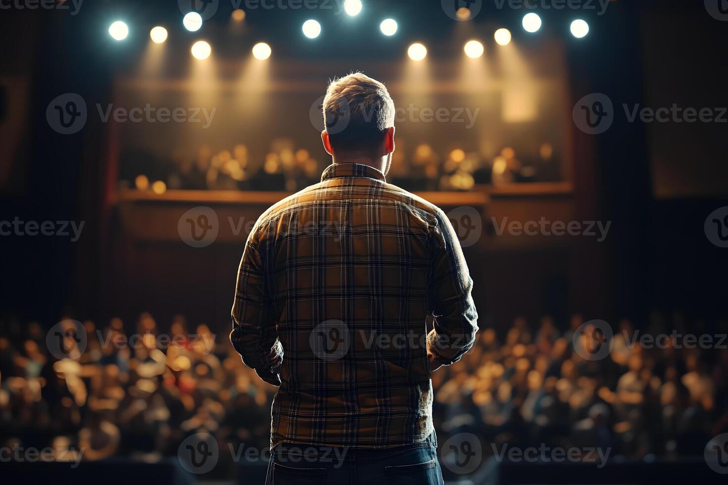 confident speaker giving pitch on stage, audience listening, stock photo style, realistic,
