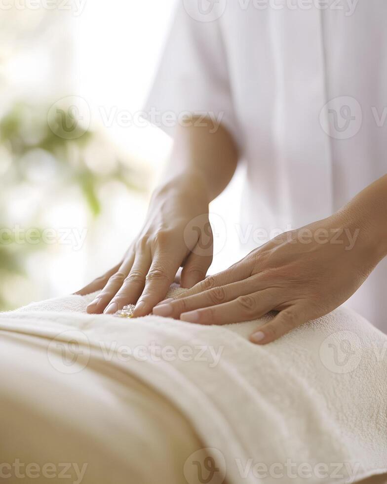 client lying still while therapist hovers hands over abdomen chakra balancing photo