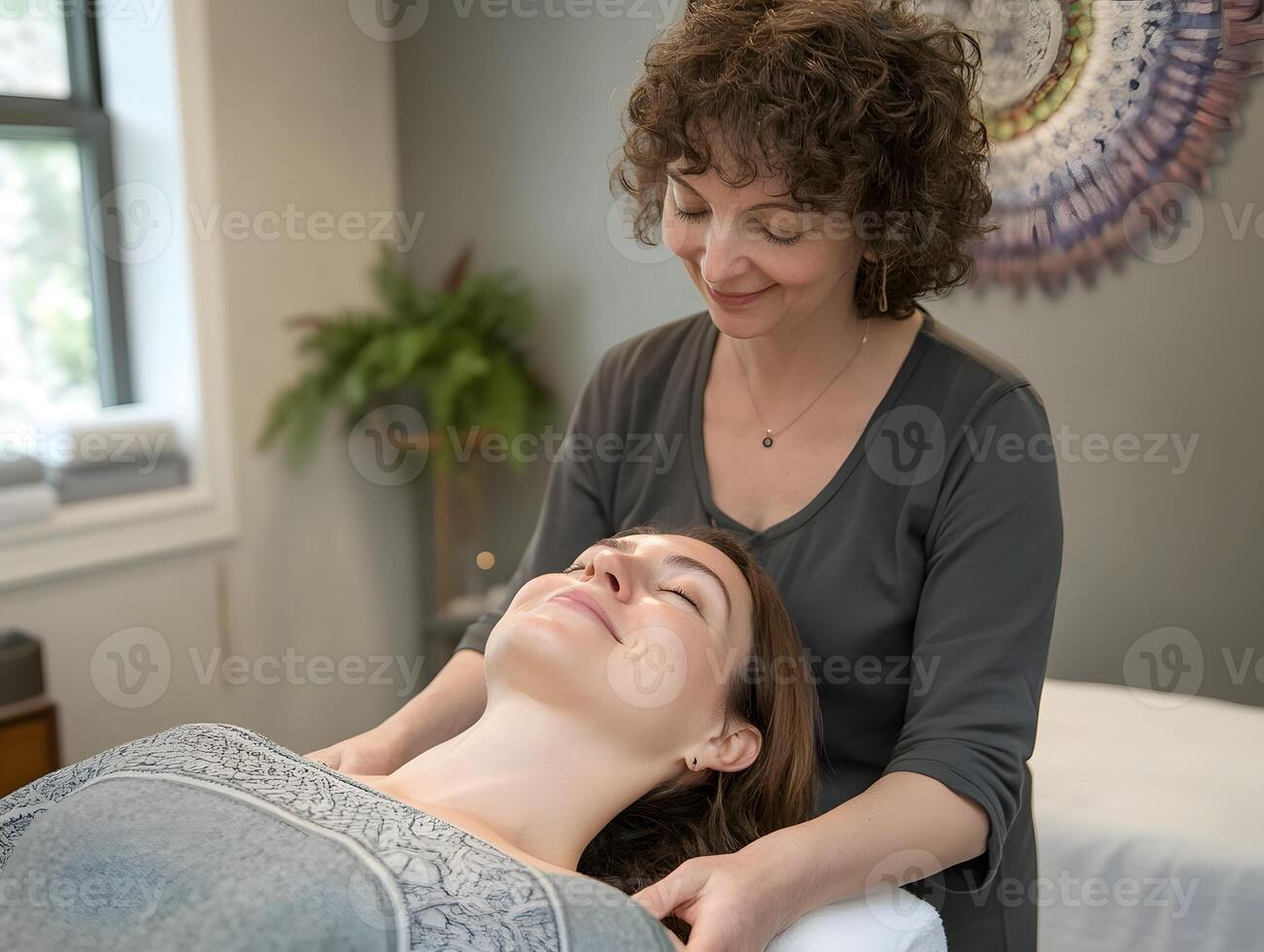 reiki therapist channeling universal energy toward relaxed client in clean wellness space photo