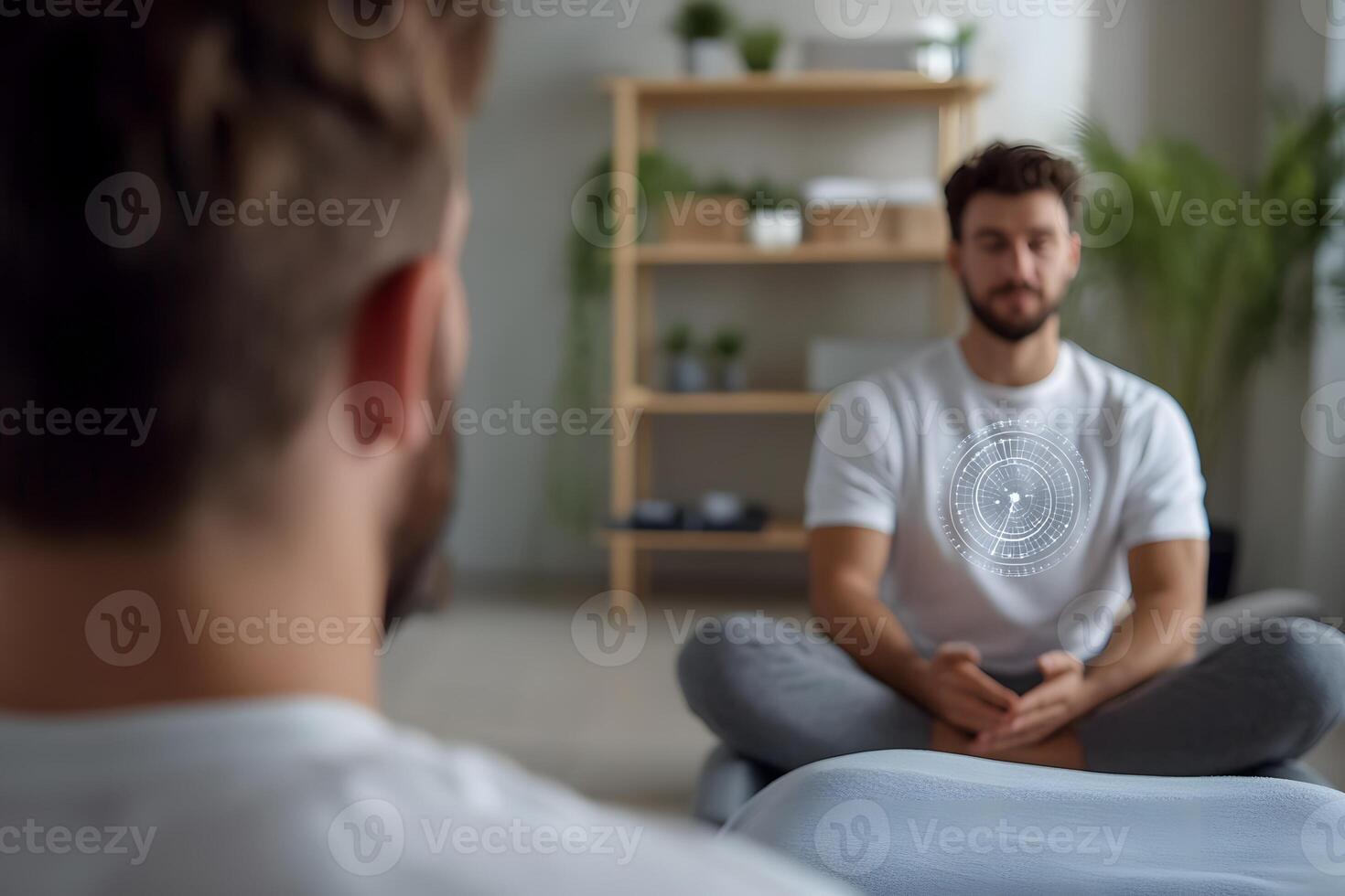 male therapist explaining meridian chart to client holistic studio background photo
