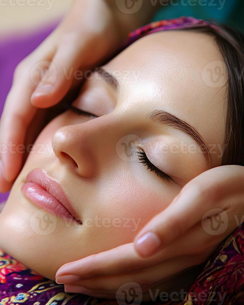 healing practice using soft touch along meridian points with calm atmosphere photo