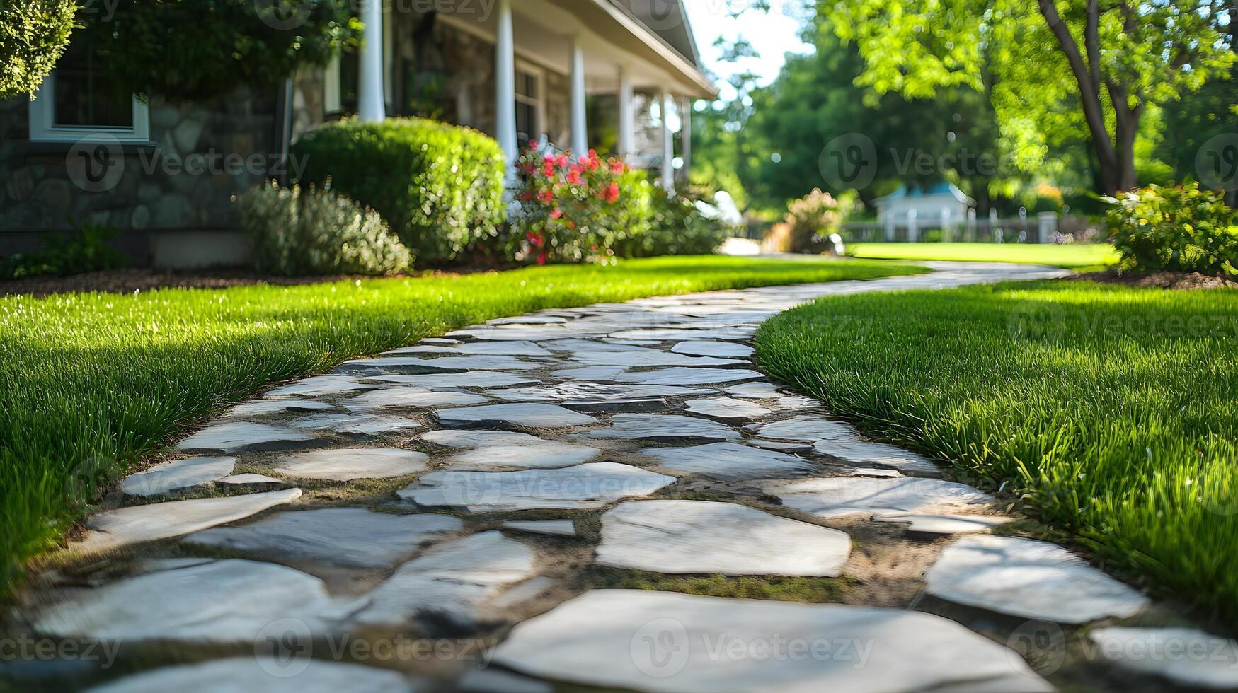 contemporary farmhouse stone walkway well-maintained lawn high resolution, ultra realistic. photo
