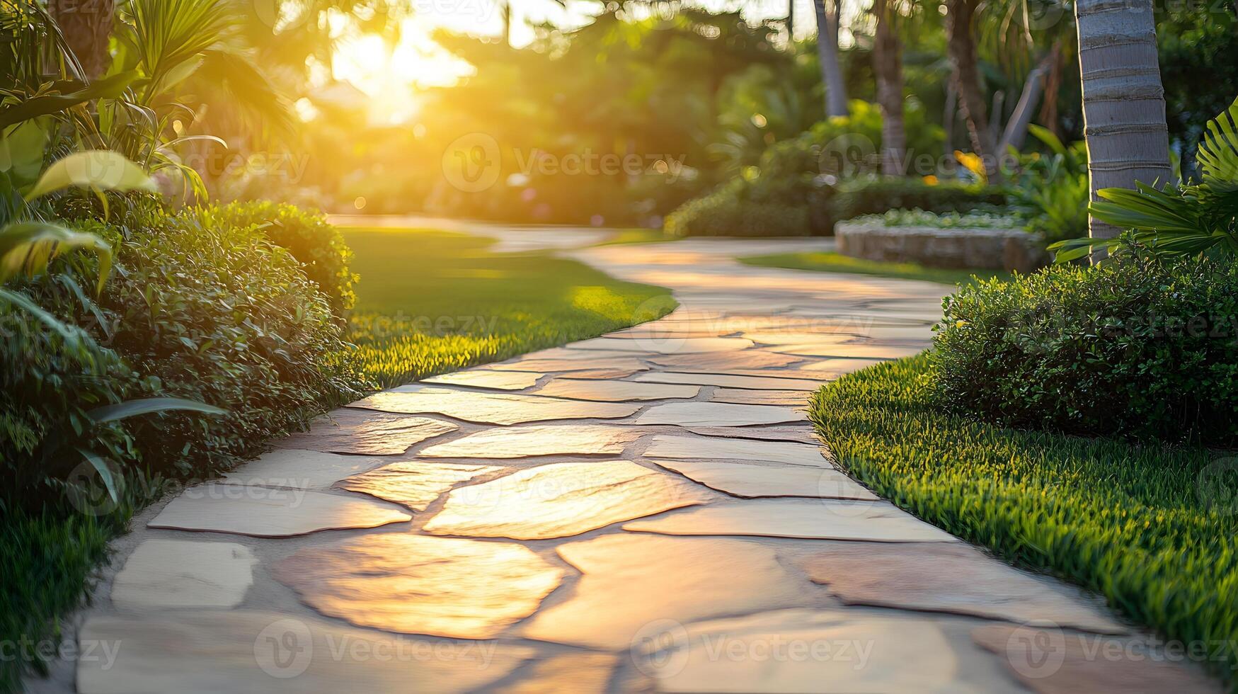 sunset light stone walkway stone walkway high resolution, ultra realistic stock photo style