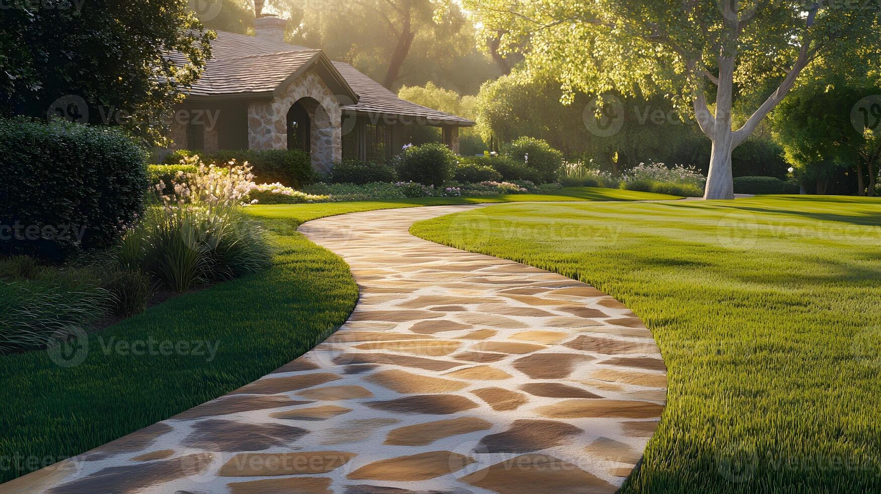 contemporary farmhouse stone walkway well-maintained lawn high resolution, ultra realistic, stock photo style.