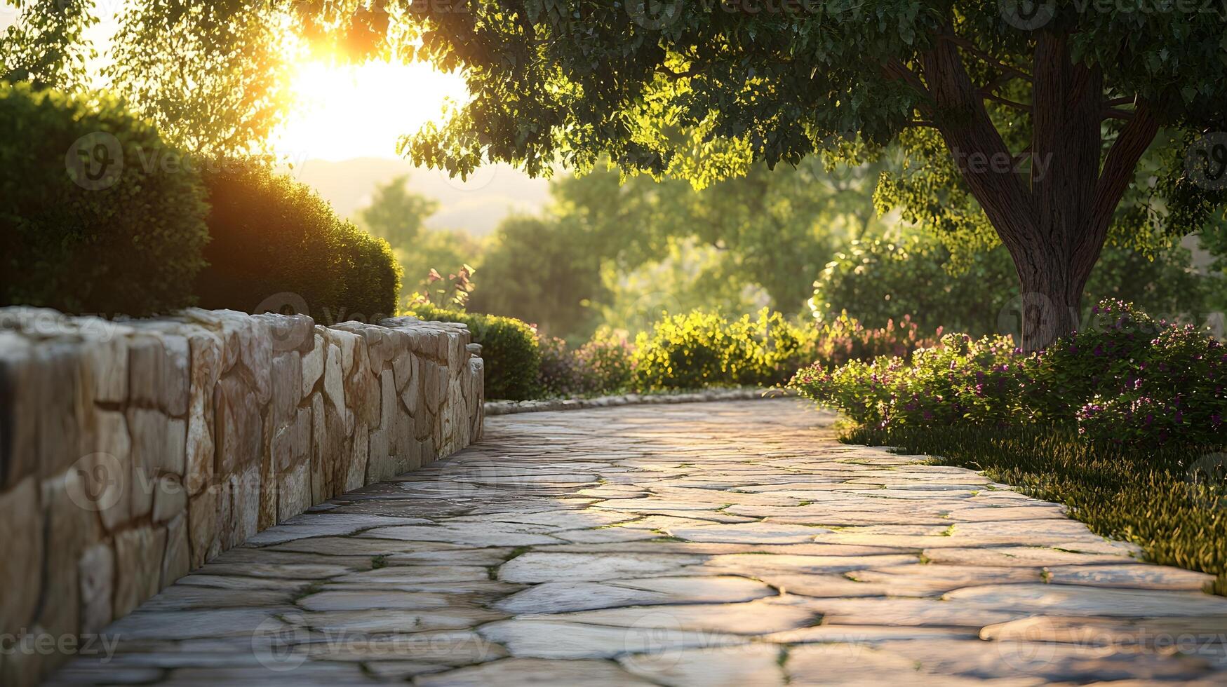 sunset light stone walkway stone walkway high resolution, ultra realistic, stock photo style.