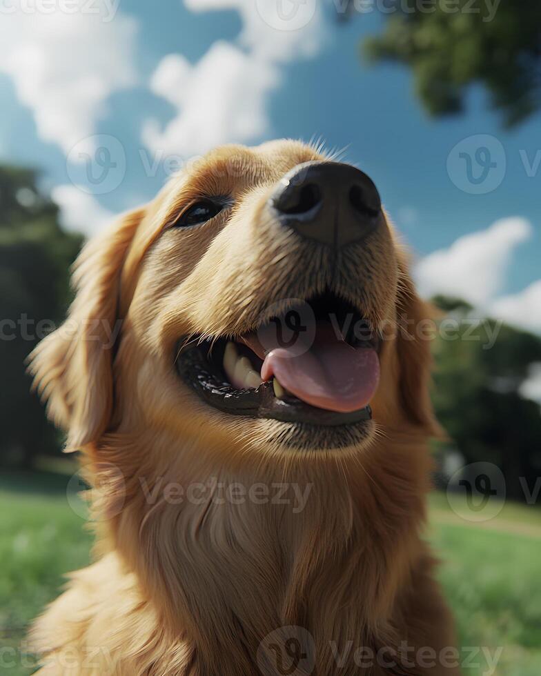 Photorealistic portrait of a golden retriever in a park photo