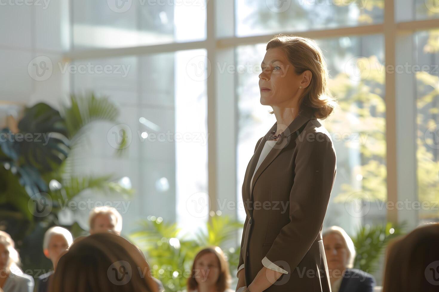 Businesswoman leading a presentation with a confident stance bright and airy room photo