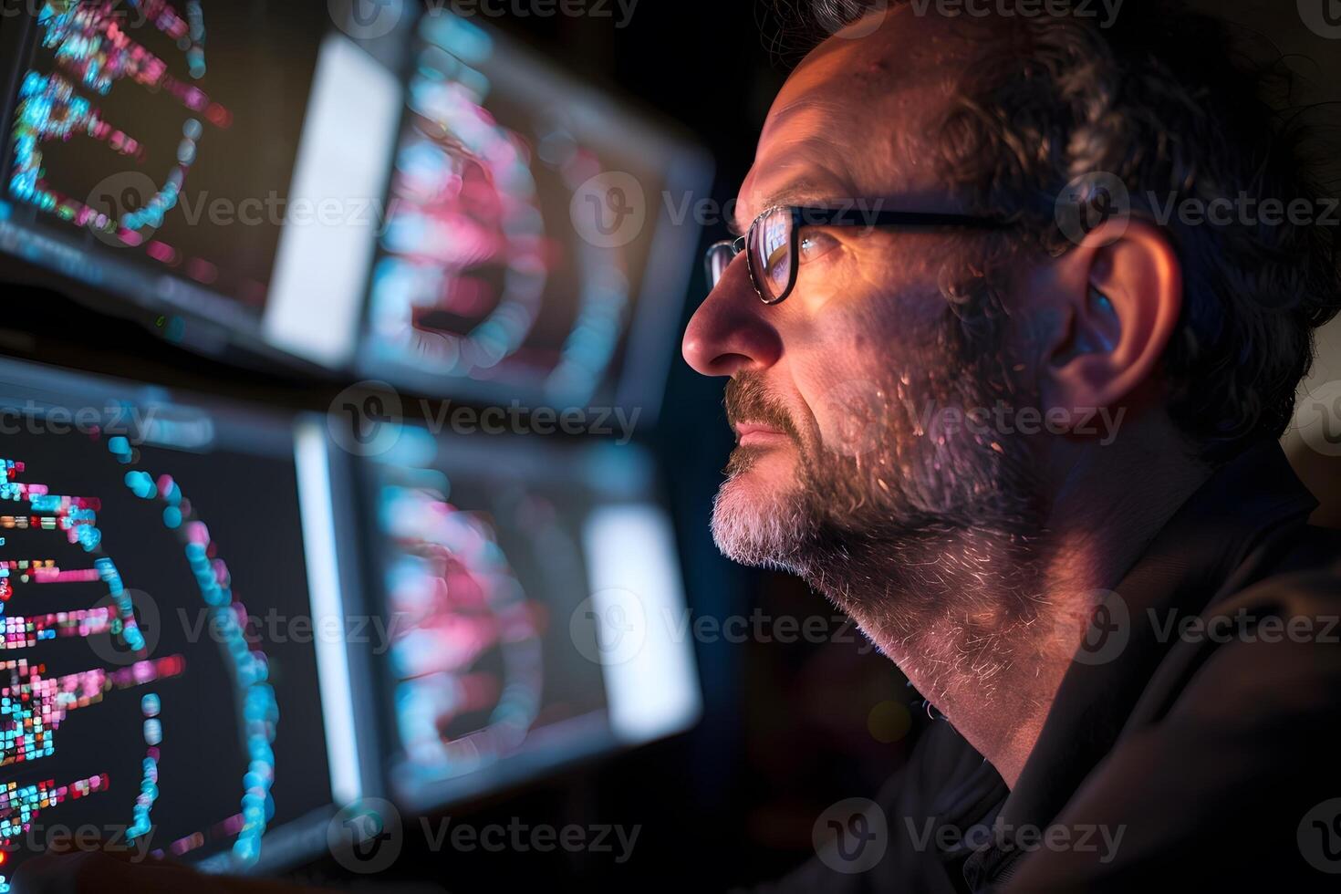 Programmer looking at complex code on a curved monitor in a dark room intense focus photo