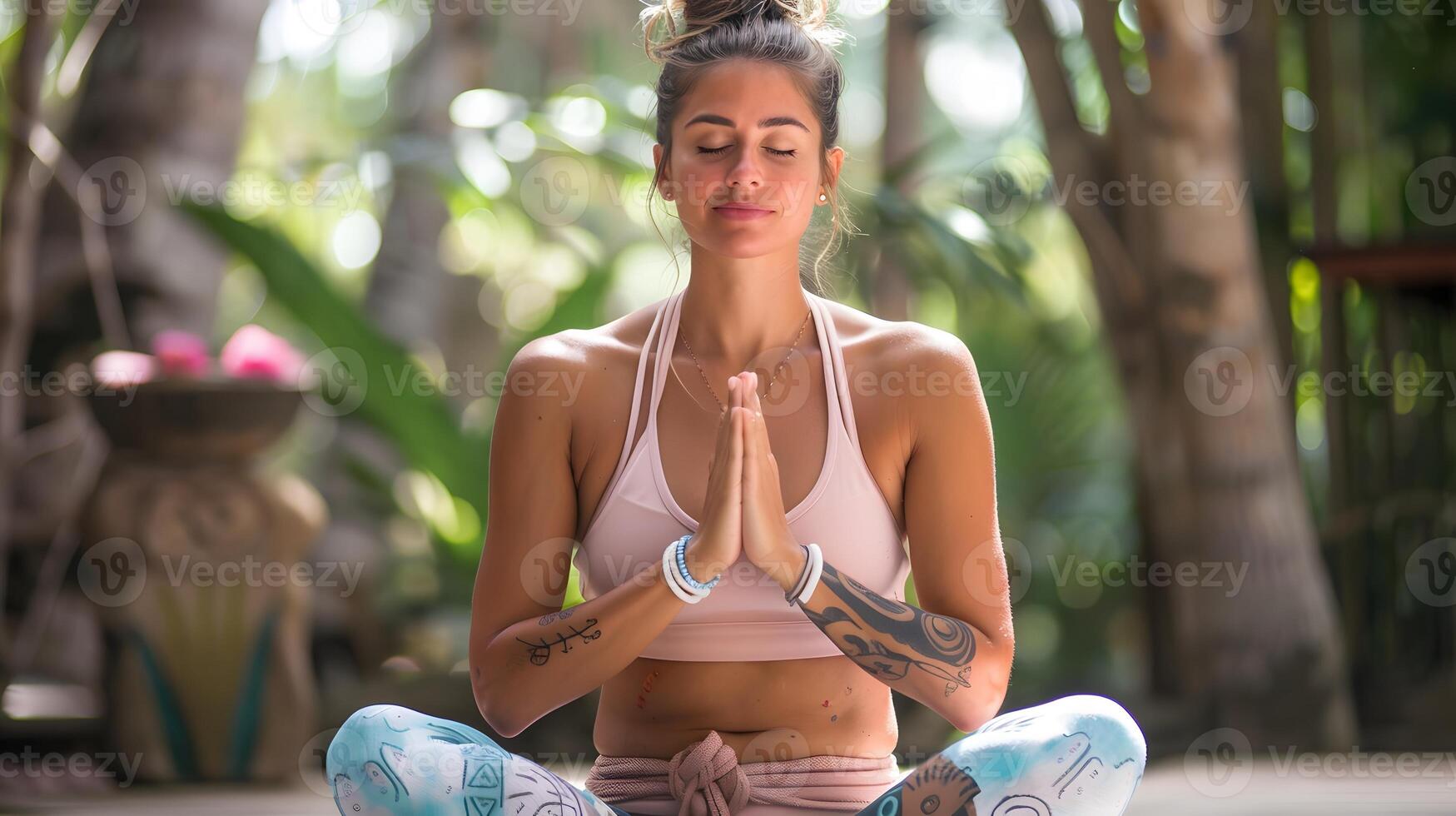 Woman practicing deep breathing exercises outdoors for stress relief mental well being photo