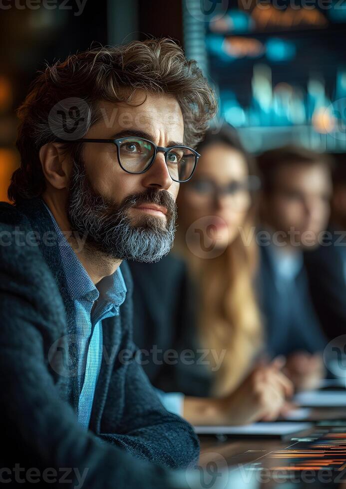 corporate team analyzing data on a digital screen, business meeting scene photo