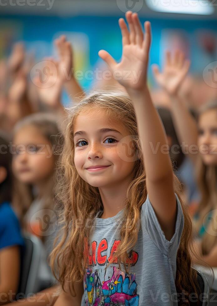 classroom full of students raising hands to answer teacher question photo