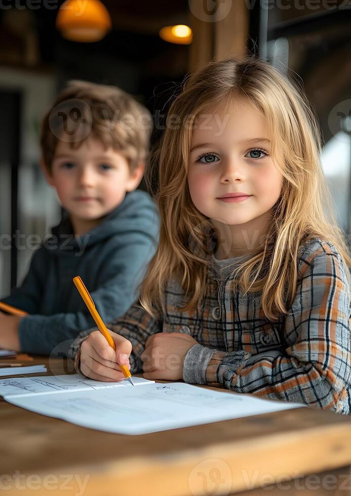 boy and girl writing homework at school desk with bright natural light photo