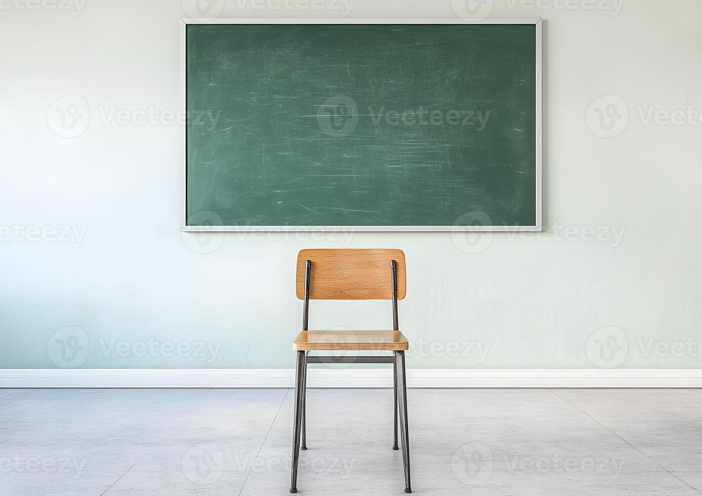 single chair facing chalkboard in brightly lit minimalist classroom. photo