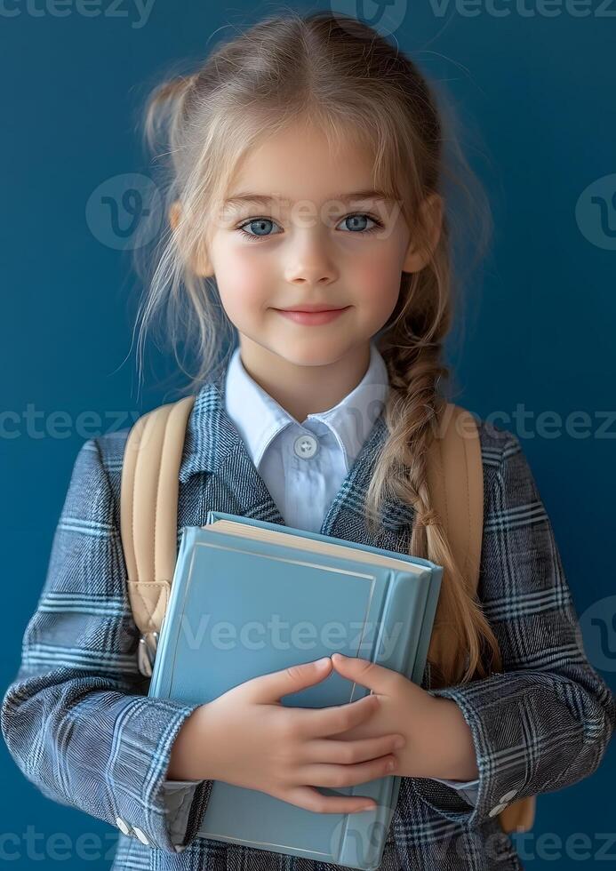 kid wearing school uniform holding books with blue background photo