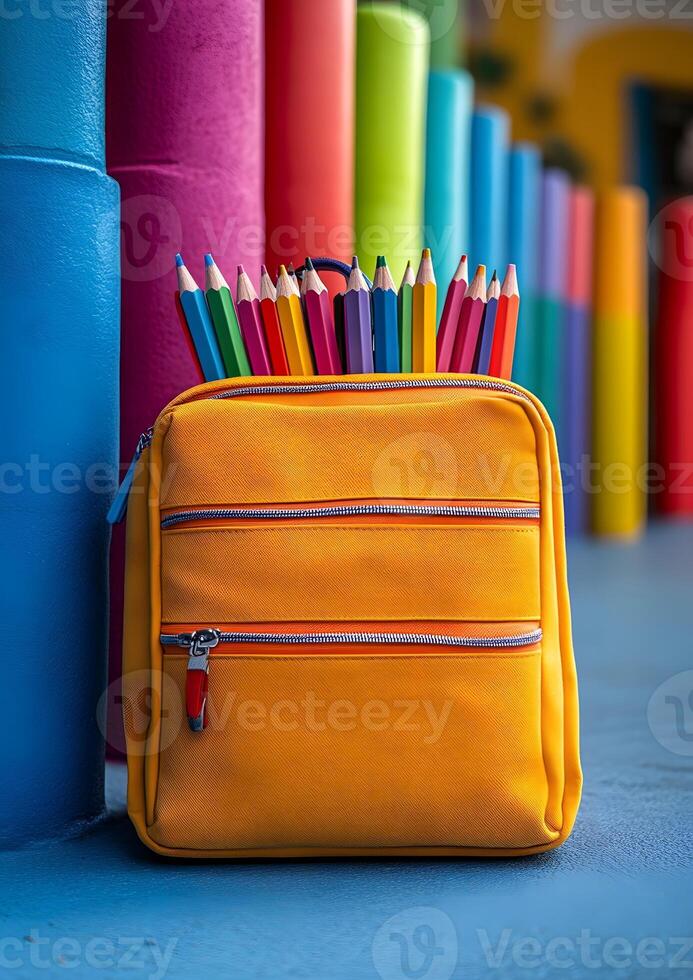 colorful backpack with open zipper full of stationery photo