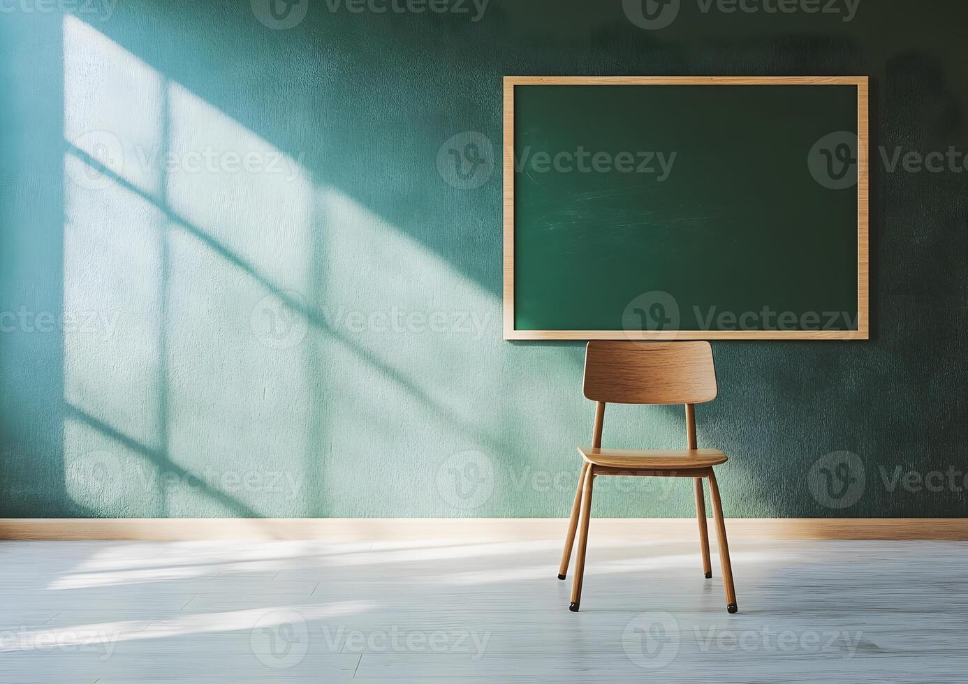 single chair facing chalkboard in brightly lit classroom photo
