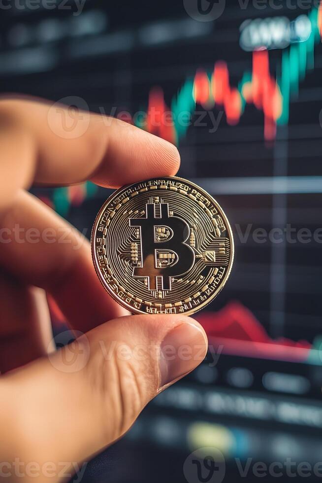 investment info chart, flat coin in hand, red arrow up, percent, clean layout photo