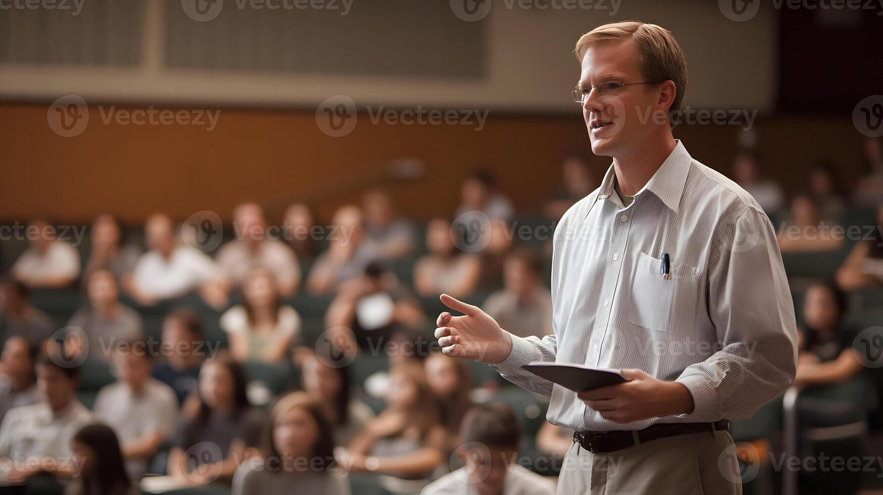 confident male teacher giving engaging lecture in front of high school students in modern classroom setting photo