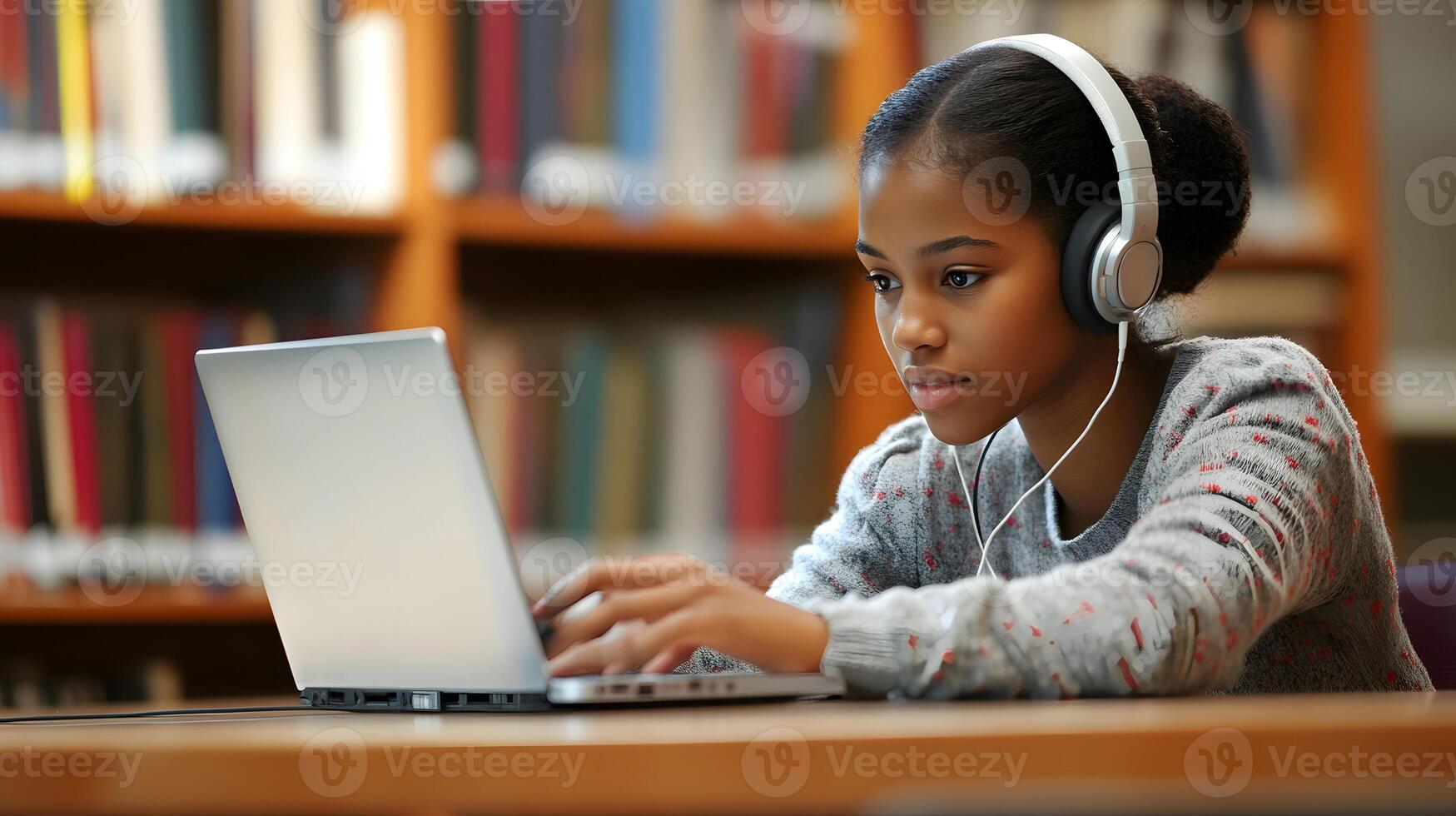 young girl sitting at desk attending virtual classroom using laptop and headphones with bookshelf in background photo