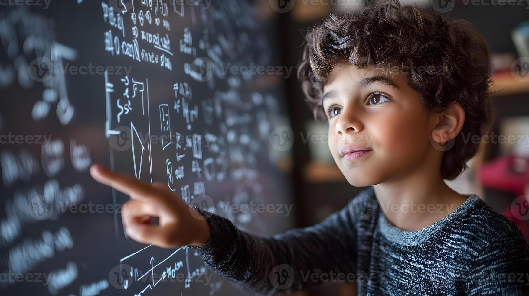 young boy pointing to math equations on screen during remote learning session photo