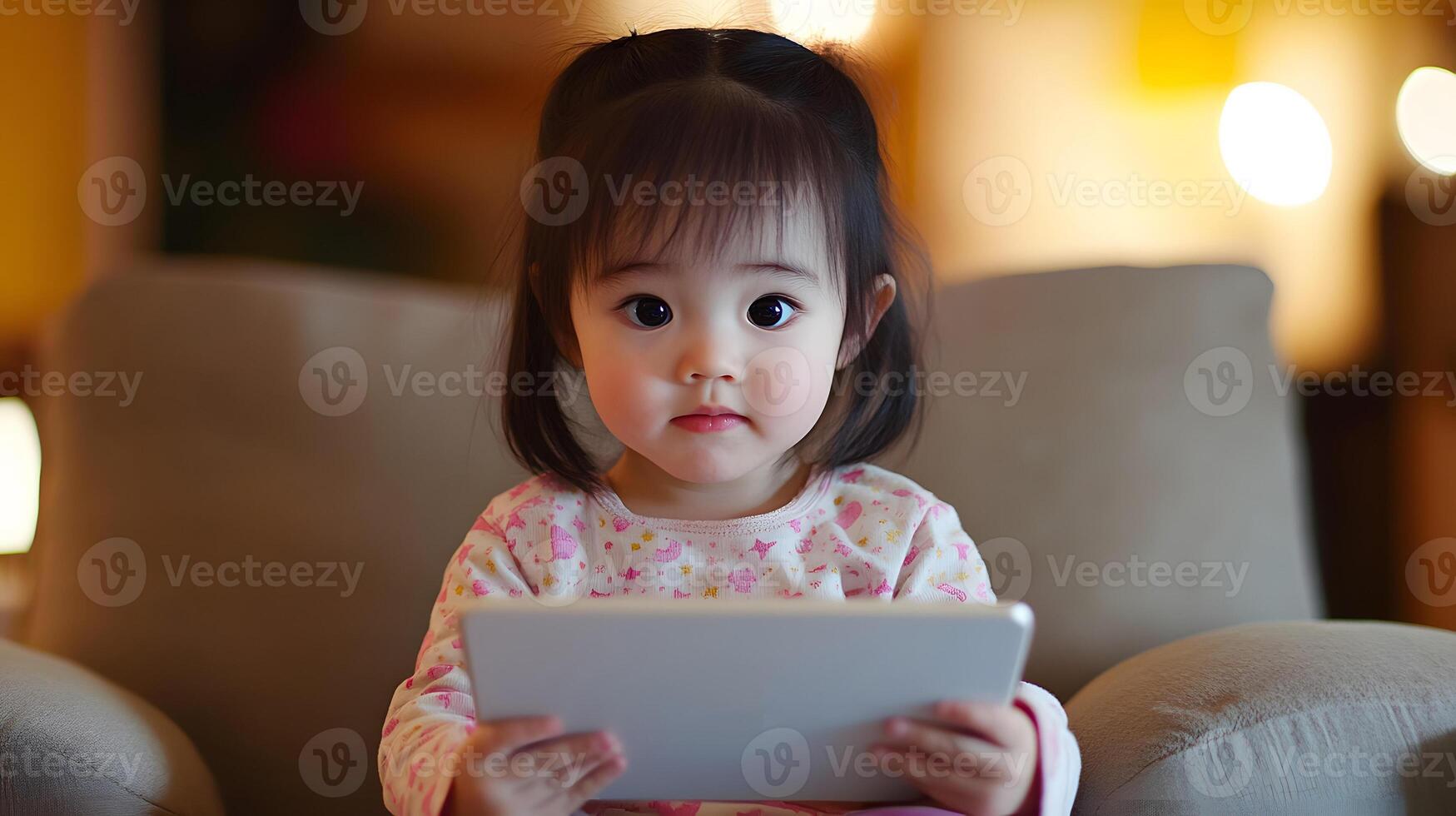 child sitting on parent's lap while studying on tablet photo