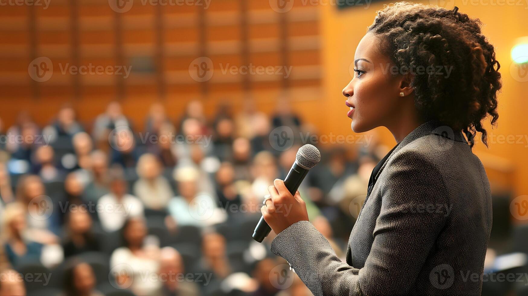 female educator using microphone in large auditorium to lead business class photo