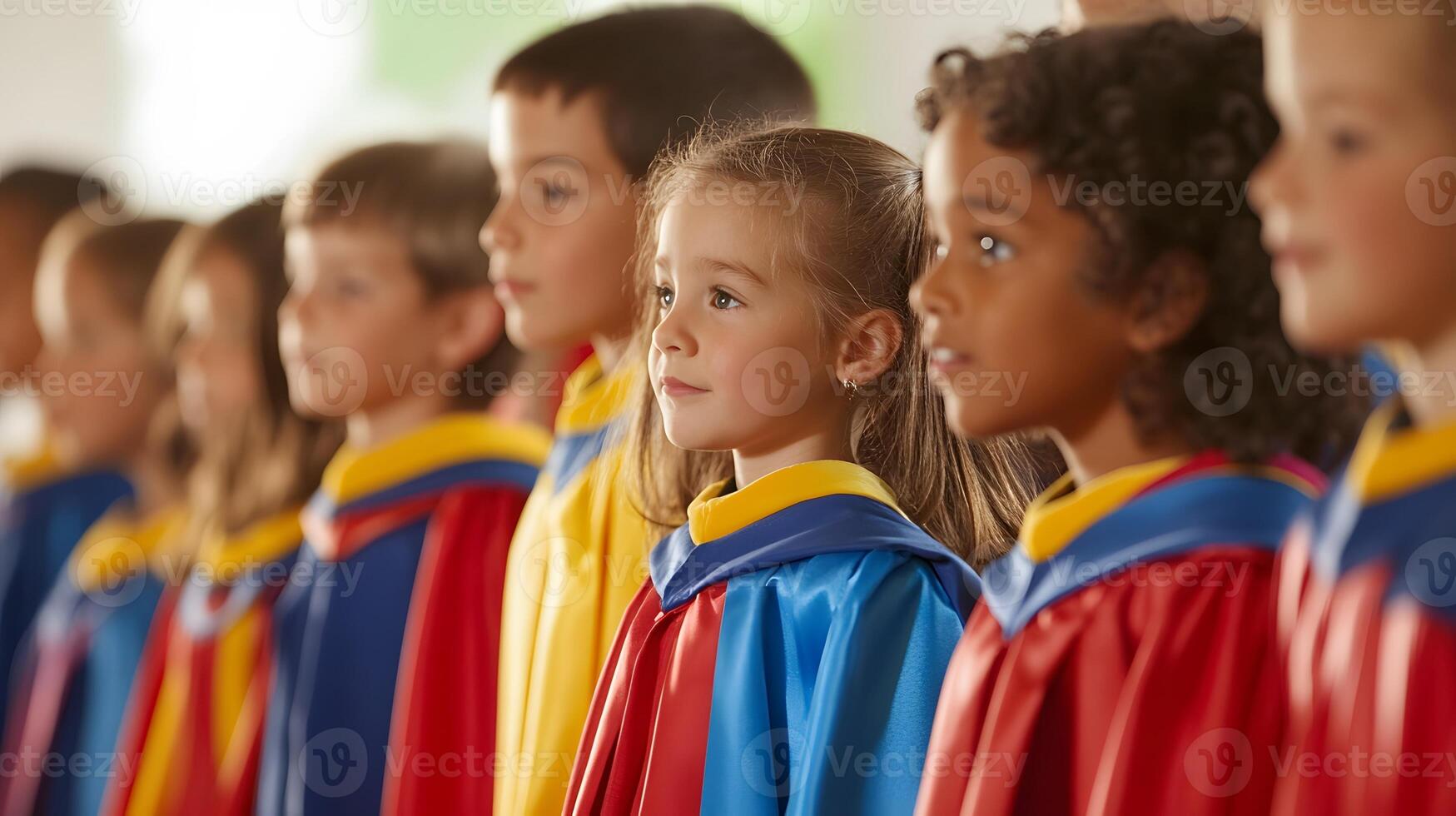 joyful children in kindergarten graduation robes standing in line during ceremony photo