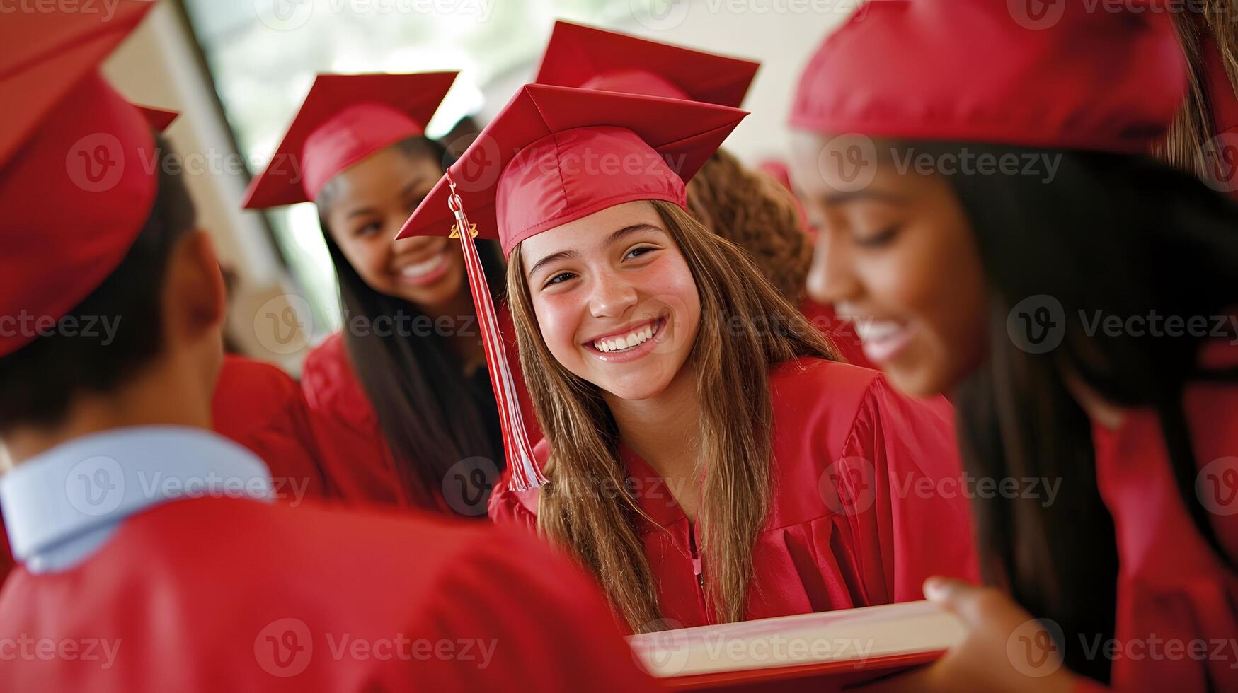 graduate signing yearbook in classroom surrounded by classmates photo