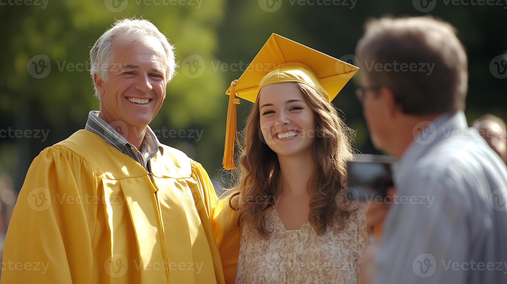 proud parents taking pictures of daughter in cap and gown on university grounds photo