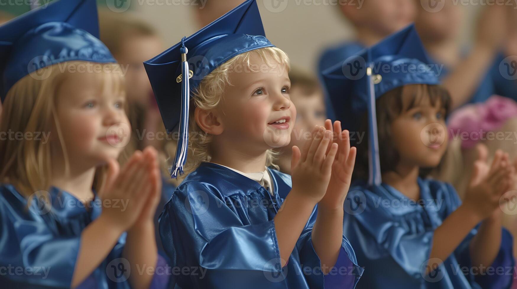 small children clapping for friends during kindergarten graduation show photo