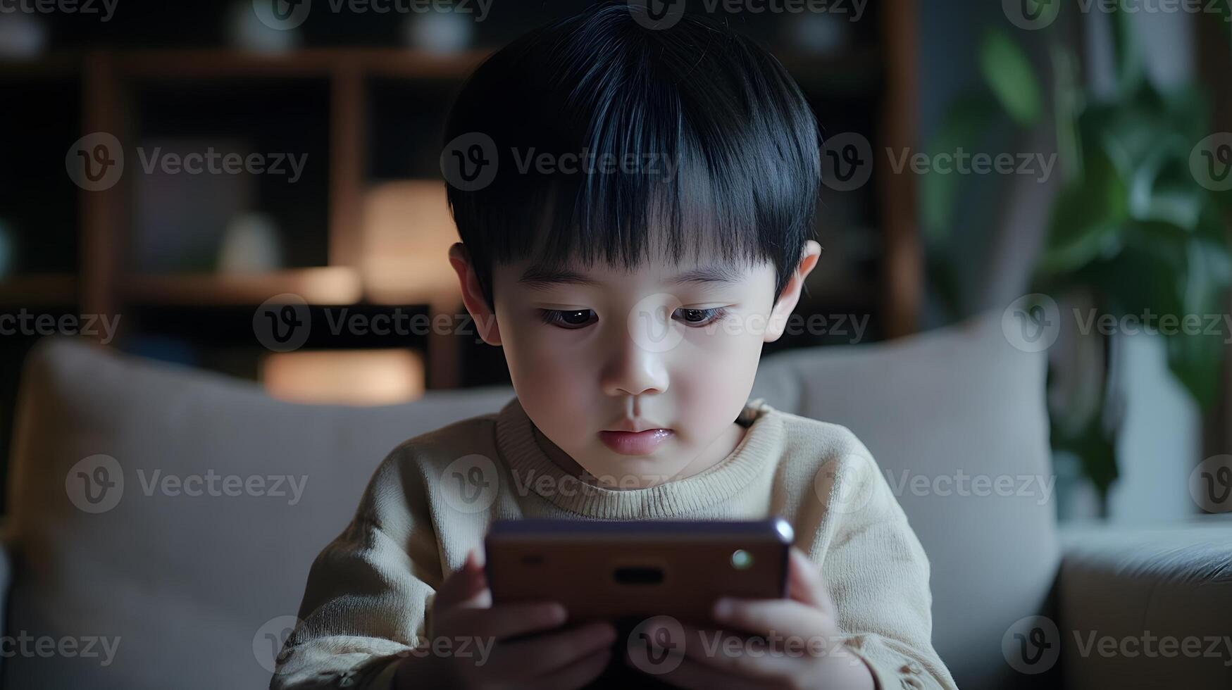 focused child participating in online quiz using interactive app photo