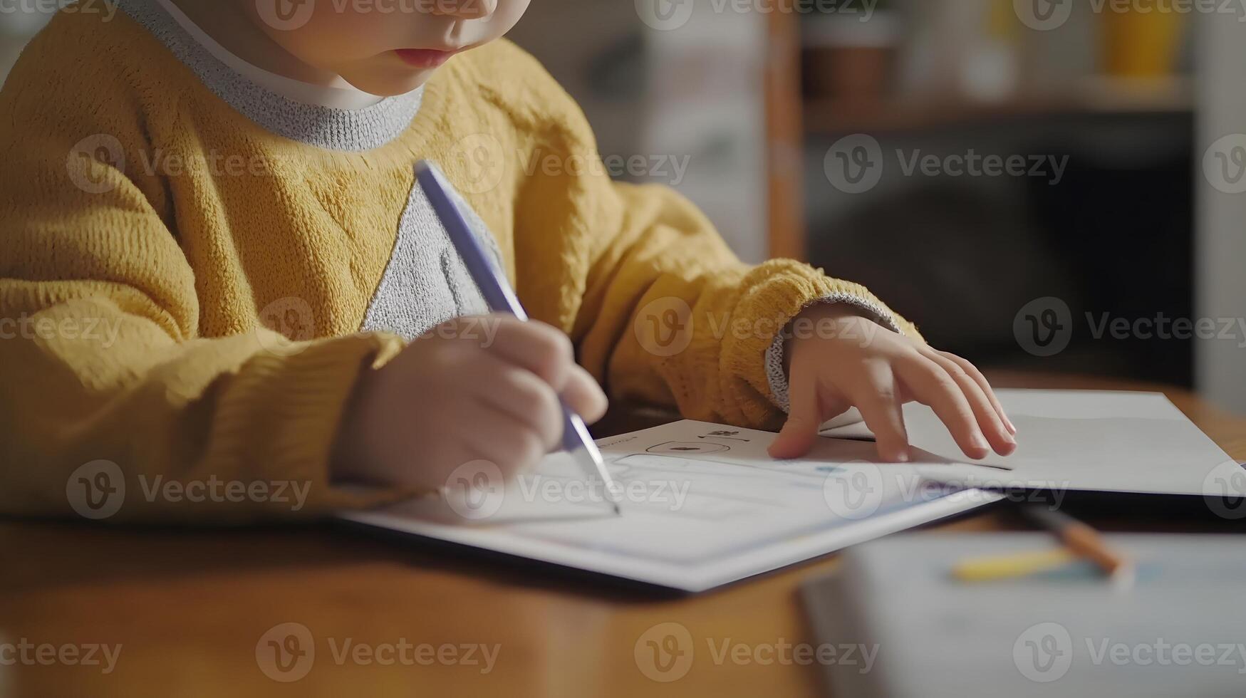 preschooler using tablet with educational app during virtual early childhood session photo
