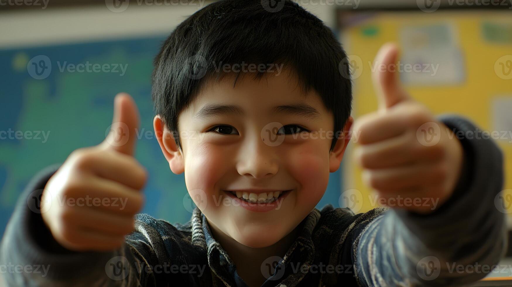 motivated student giving thumbs up after solving math problems photo
