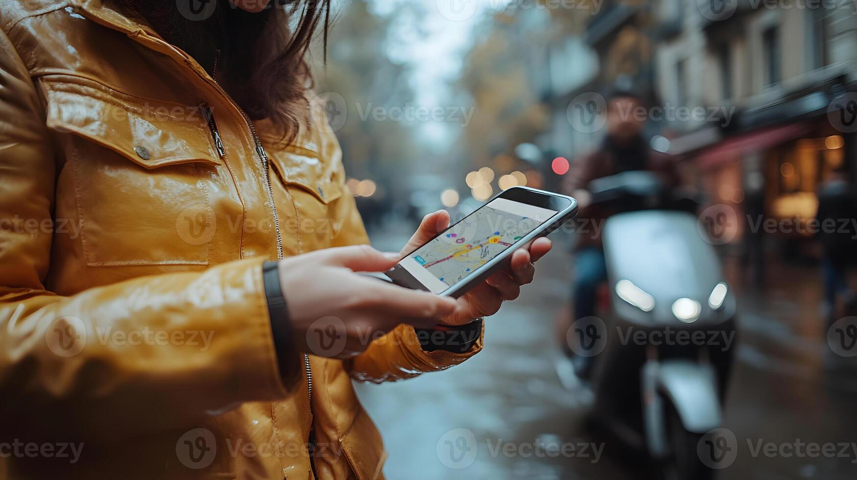 Close-up shot of hands using transport app to book ride-sharing e-scooter photo