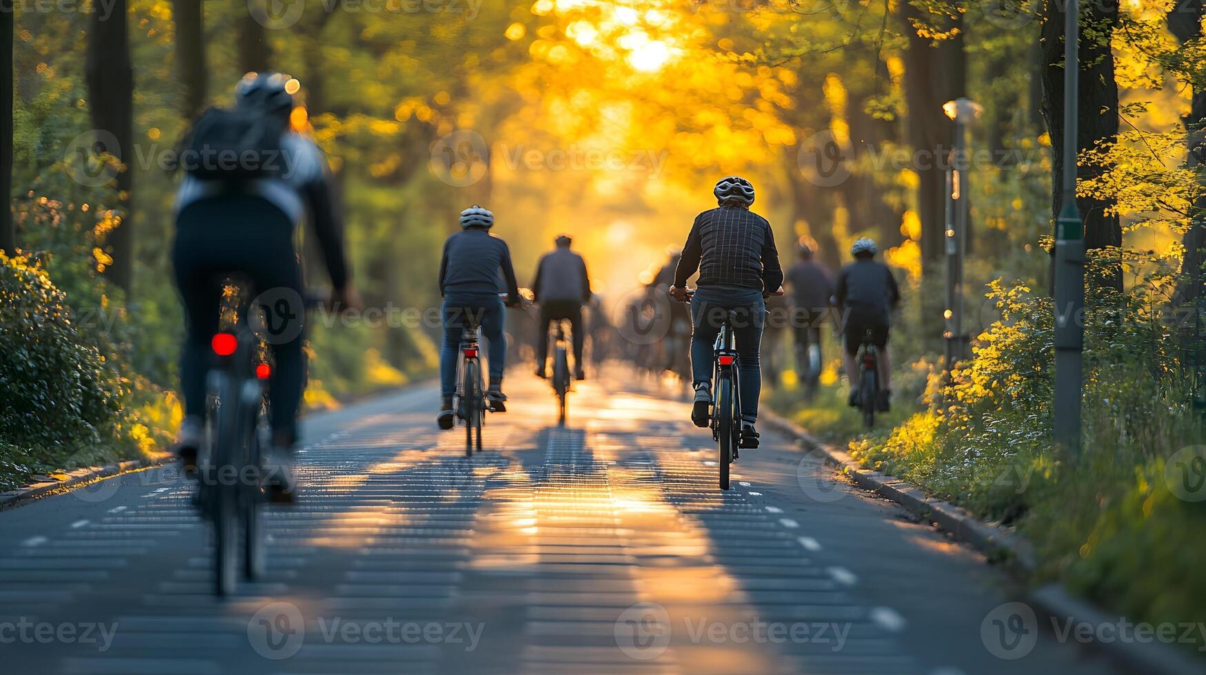 Cyclists on smart bicycle lanes equipped with solar panels and sensors photo