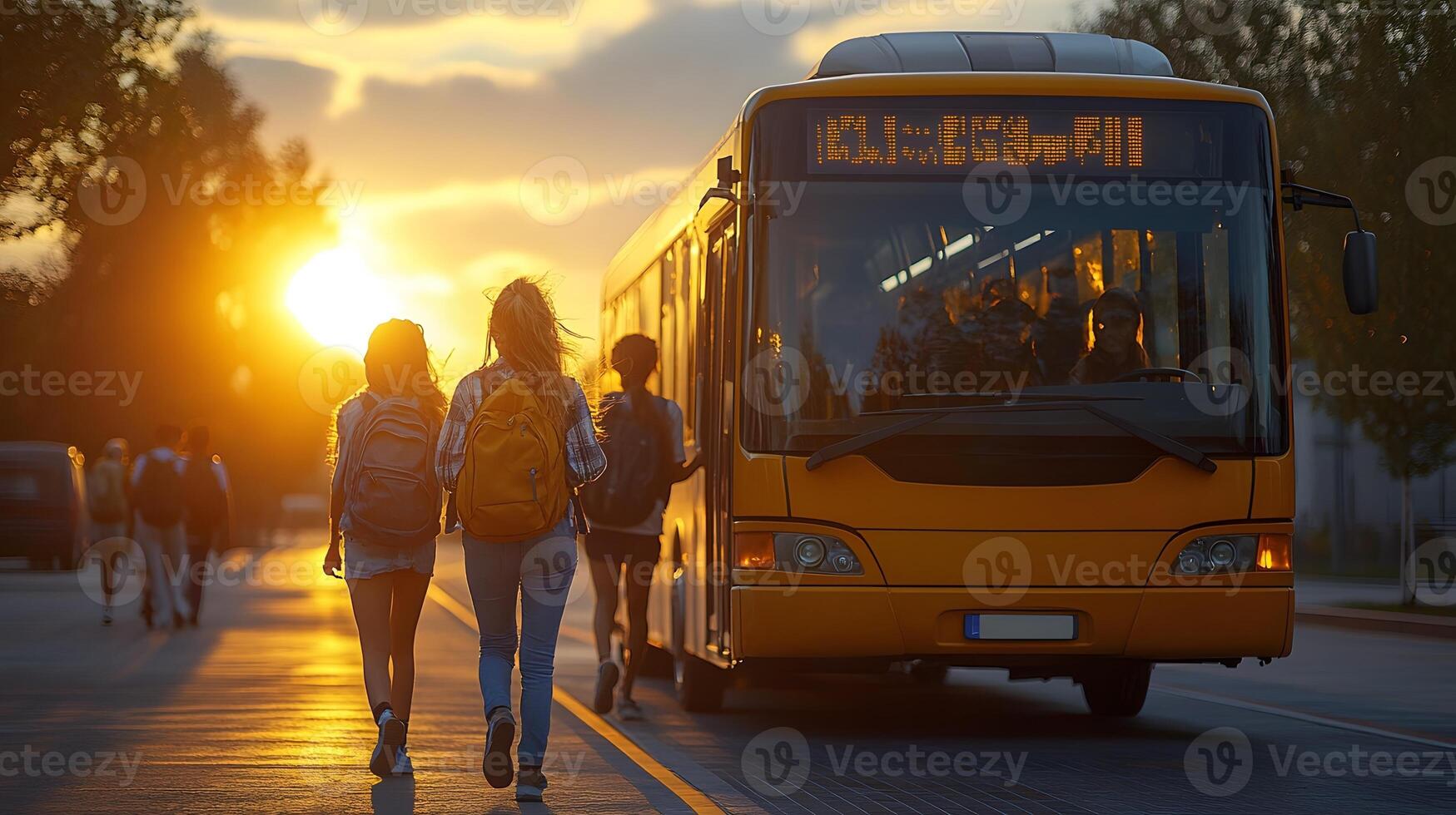 Realistic image of students boarding a solar bus in smart school zone photo