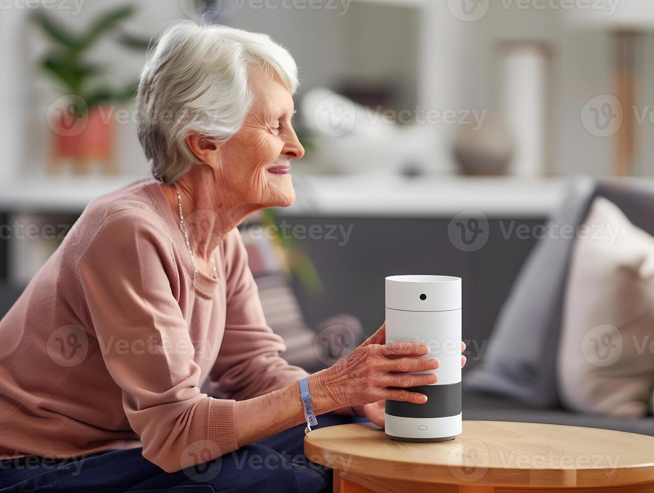 elderly person using smart pill dispenser with voice AI photo